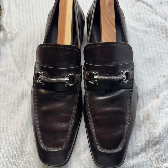 Salvatore Ferragamo Dark Brown Leather Loafers with Silver Detailing